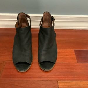 Lucky Brand Bannah Peep Toe Cut Out Black Suede ankle booties